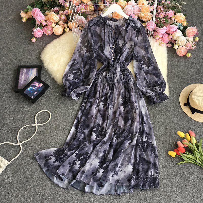 Autumn French retro long-sleeved dress ink painting tie-dye printing stand-up collar large swing dress