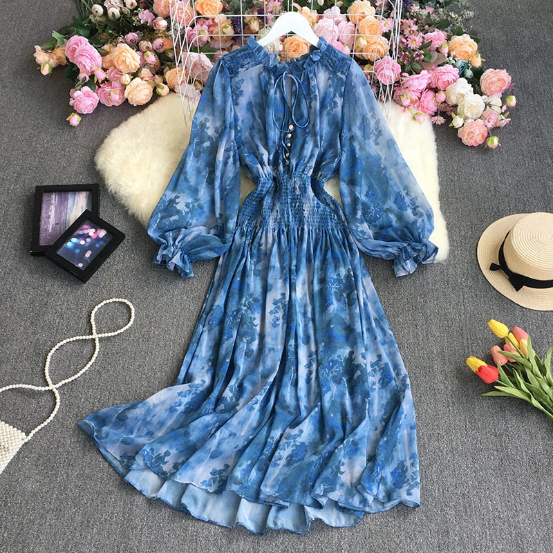 Autumn French retro long-sleeved dress ink painting tie-dye printing stand-up collar large swing dress