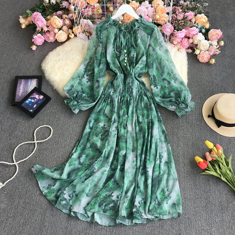 Autumn French retro long-sleeved dress ink painting tie-dye printing stand-up collar large swing dress