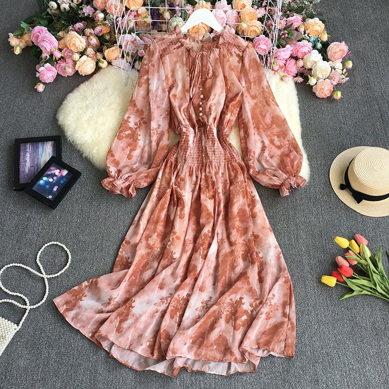 Autumn French retro long-sleeved dress ink painting tie-dye printing stand-up collar large swing dress