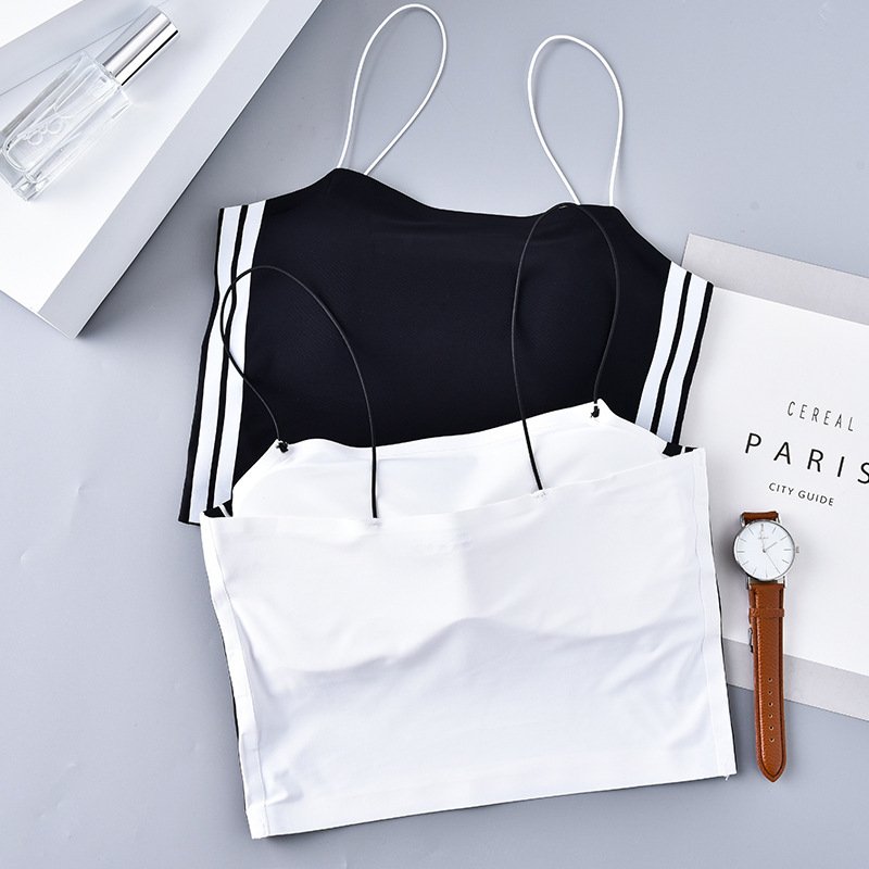 Streetwear Fashion Camisoles Beauty Back Spaghetti Strap Vest Bra Ice Silk Double Padded Push Up Shockproof Sport Tube Top