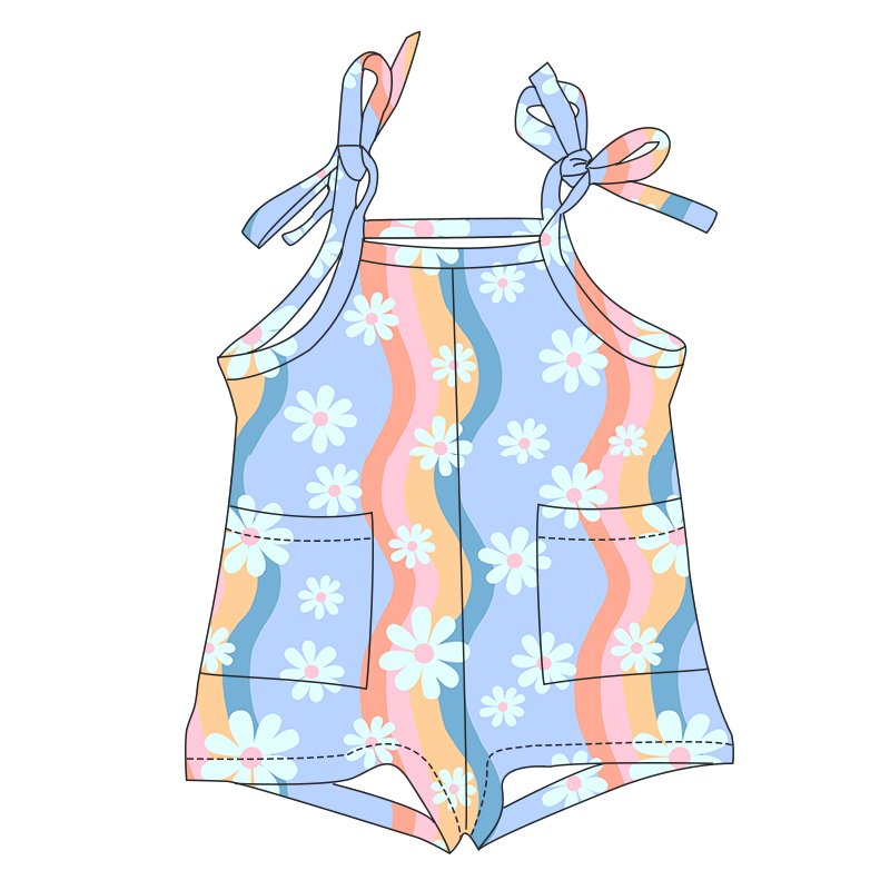 Fashion Young Girls One Piece Jumpsuit Flower Pattern Milk Silk Sleeveless Tie Shoulder Pocket Coveralls
