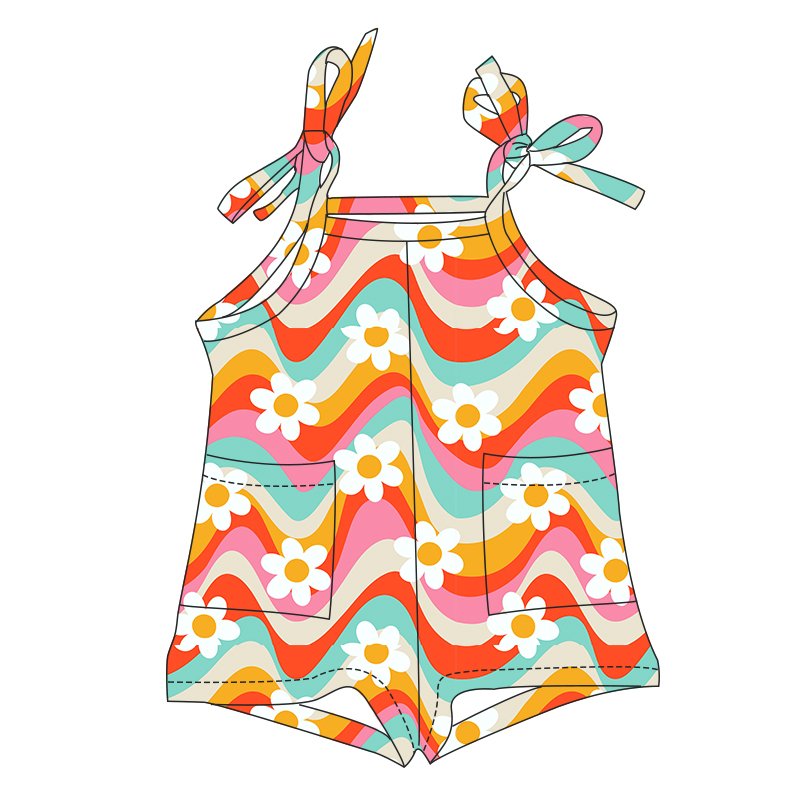 Fashion Young Girls One Piece Jumpsuit Flower Pattern Milk Silk Sleeveless Tie Shoulder Pocket Coveralls