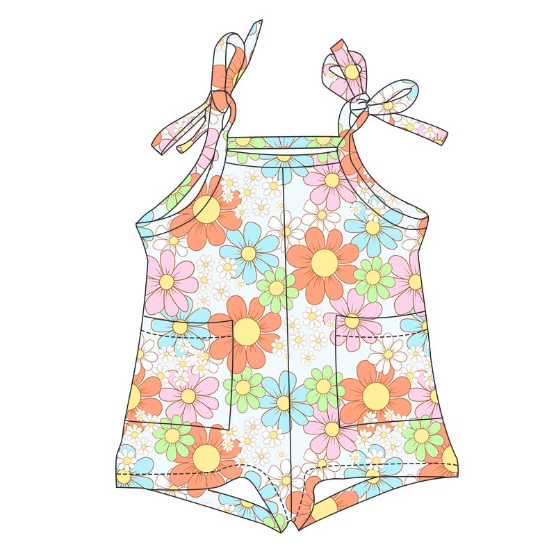 Fashion Young Girls One Piece Jumpsuit Flower Pattern Milk Silk Sleeveless Tie Shoulder Pocket Coveralls