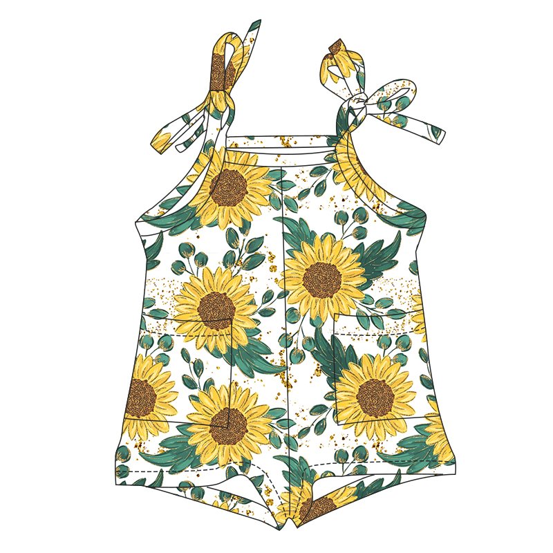 Fashion Young Girls One Piece Jumpsuit Flower Pattern Milk Silk Sleeveless Tie Shoulder Pocket Coveralls