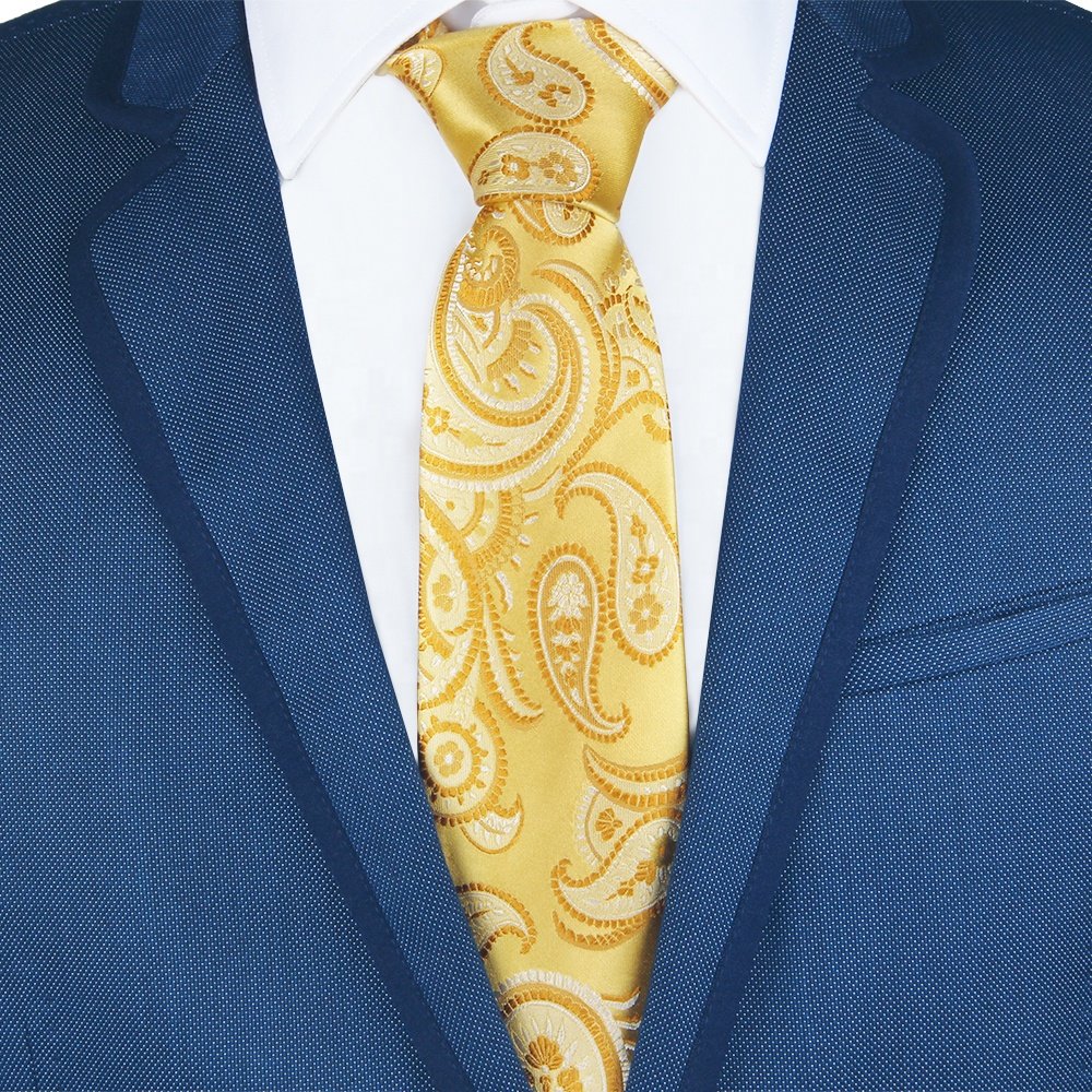Man Fashion Elegant 100% Silk Handmade Orange Yellow Paisley Plaid Golden Tie