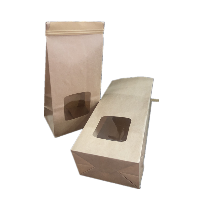 Brown Paper Food Bag Flat Bottom Coffee Cookie Dessert Tin Tie Paper Bag With Clear Window