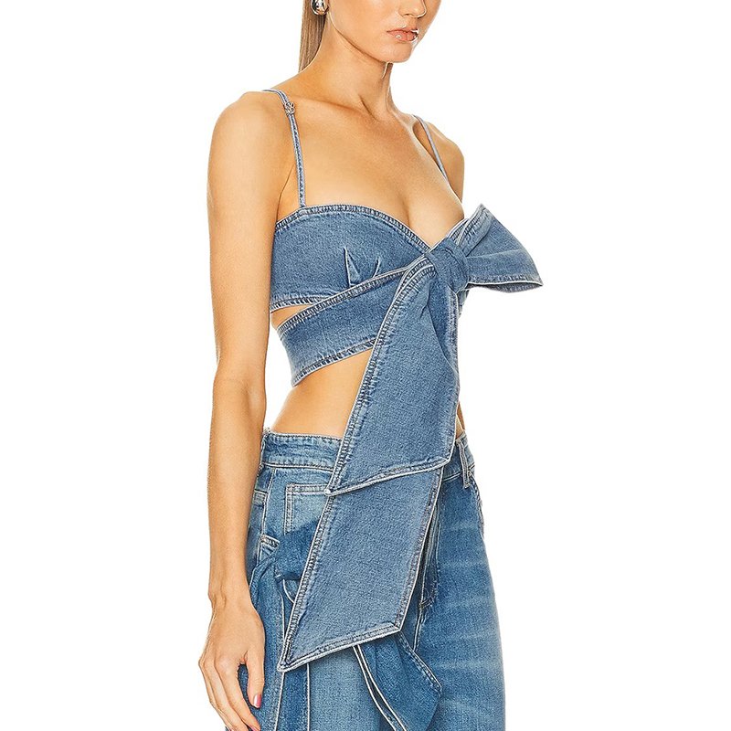TWOTWINSTYLE Sexy Patchwork Bowknot Backless Denim Vest Strapless Sleeveless Backless Veste Femme