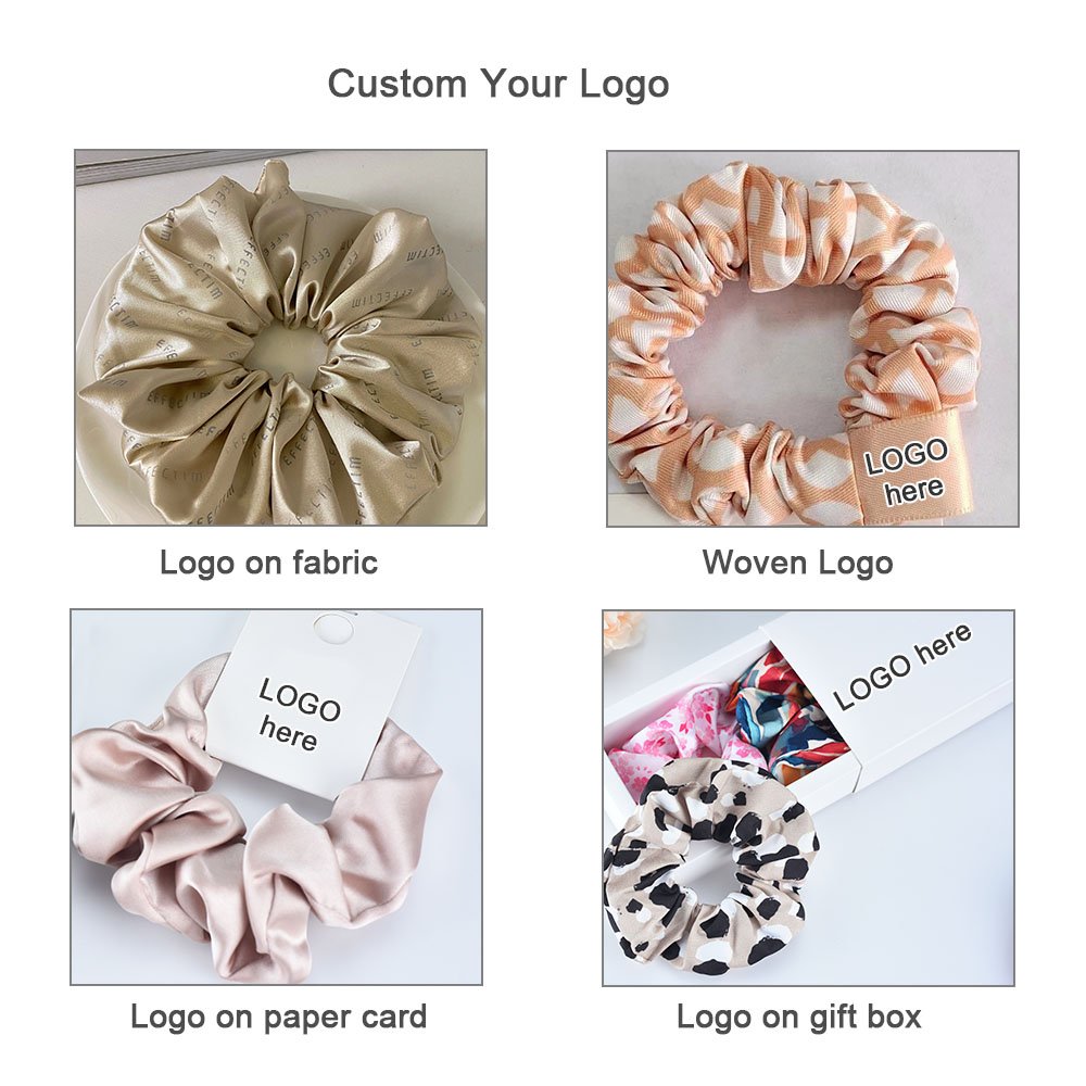 Small MOQ Custom Printed Satin Wholesale Girls Women Elastic Scrunchy Custom Label Satin Hair Scrunchies with Logo