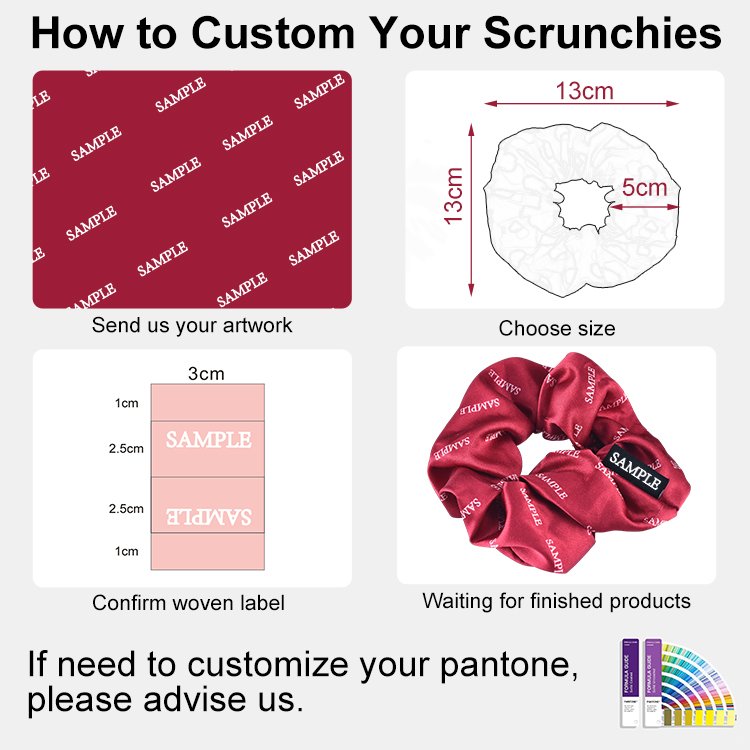 Small MOQ Custom Printed Satin Wholesale Girls Women Elastic Scrunchy Custom Label Satin Hair Scrunchies with Logo