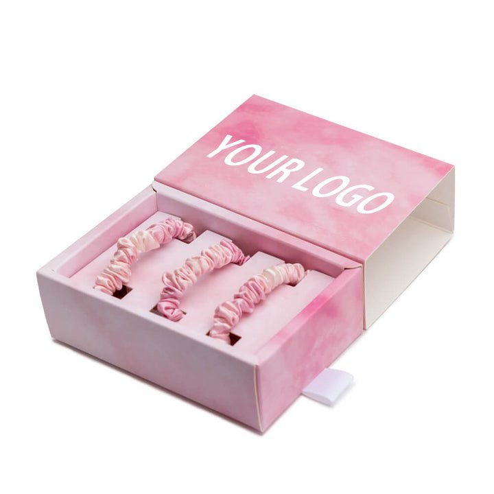 Custom box logo label 19 momme silk hair tie luxury skinny size 100% pure mulberry silk scrunchies for lady