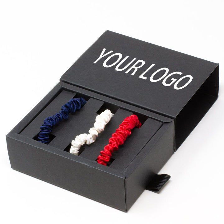Custom box logo label 19 momme silk hair tie luxury skinny size 100% pure mulberry silk scrunchies for lady