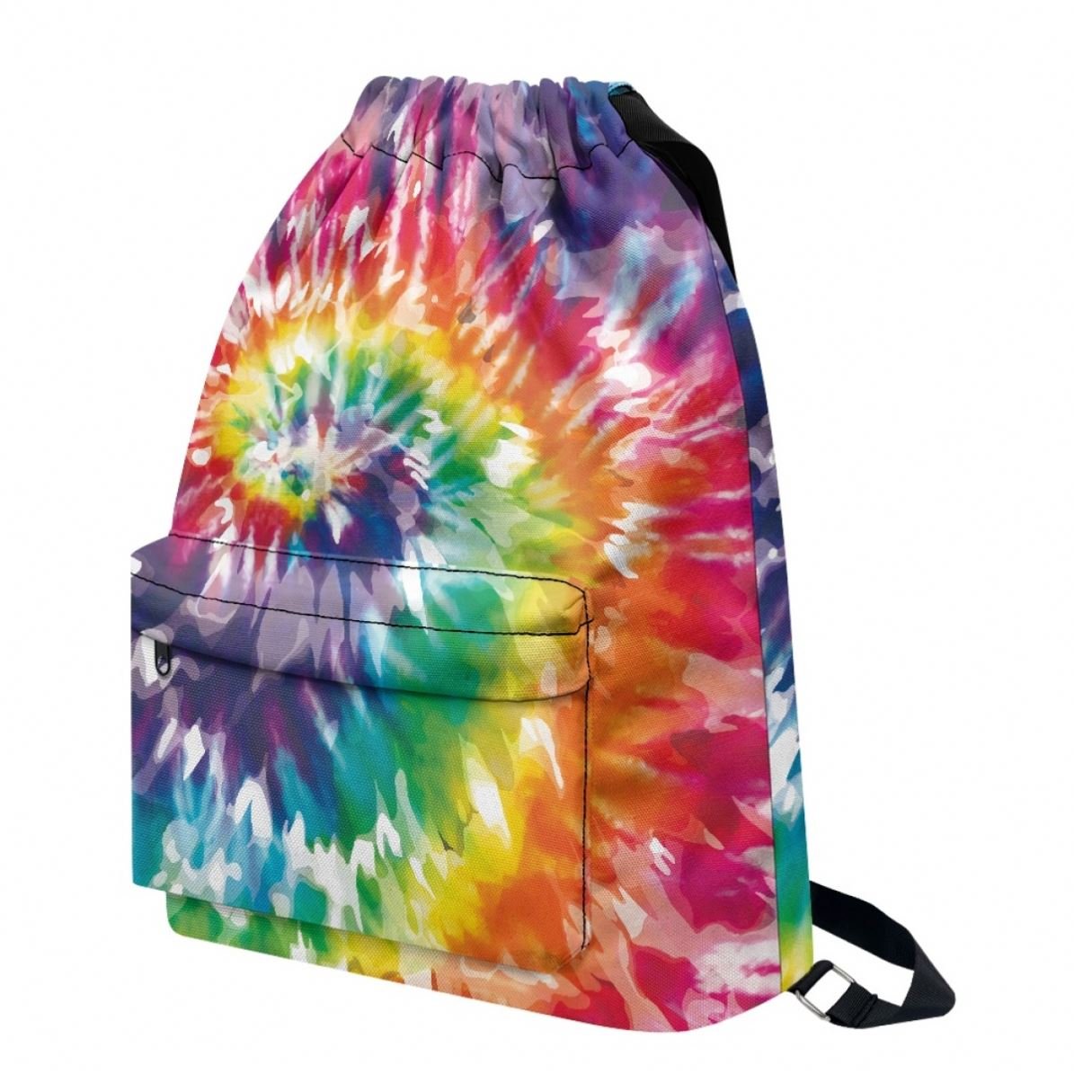 Colored Tie Dye Printing Rainbow Backpack Polyester Wholesale Drawstring Bag with Zipper Pocket Sports Gym Sack Cinch Tote Bag