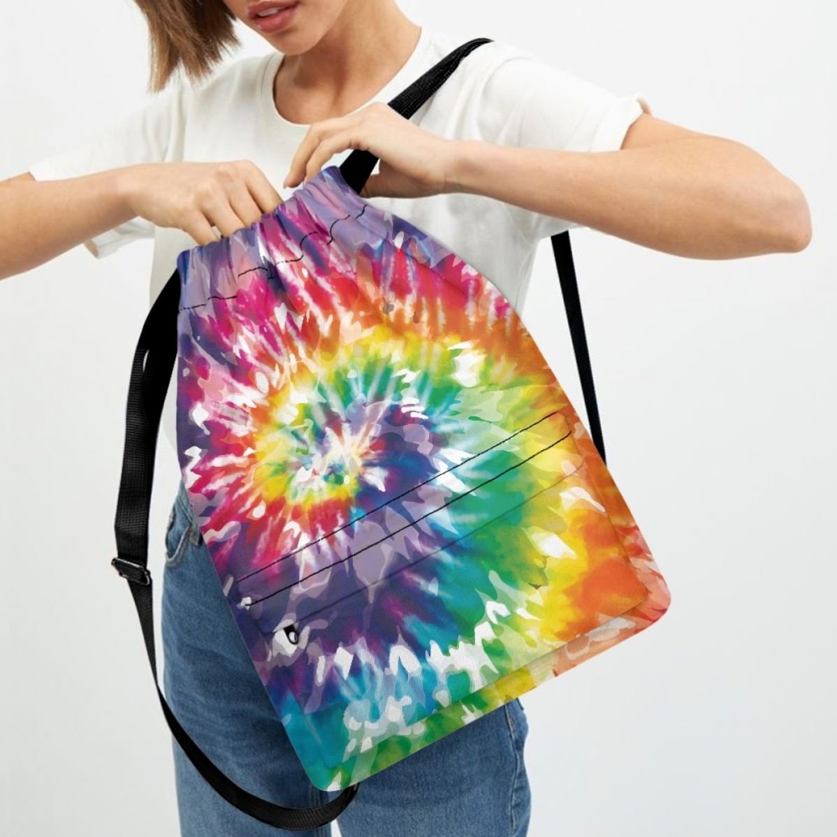 Colored Tie Dye Printing Rainbow Backpack Polyester Wholesale Drawstring Bag with Zipper Pocket Sports Gym Sack Cinch Tote Bag