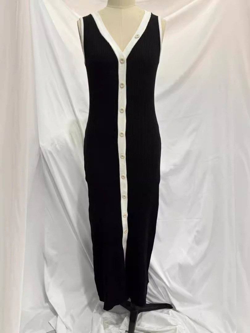 Women Elegant Solid Knitted Dress Single Breasted O Neck Sleeveless Dresses With Pockets Slim Midi Dress Office Lady 2922