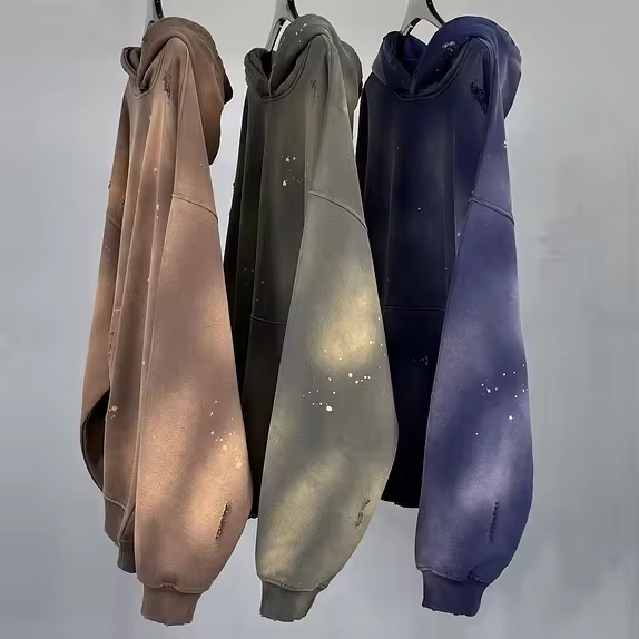 OEM custom 450GSM loose hoodies men black distressed Heavy weight retro rint print unised faded streetwear wax pcolor hoodie