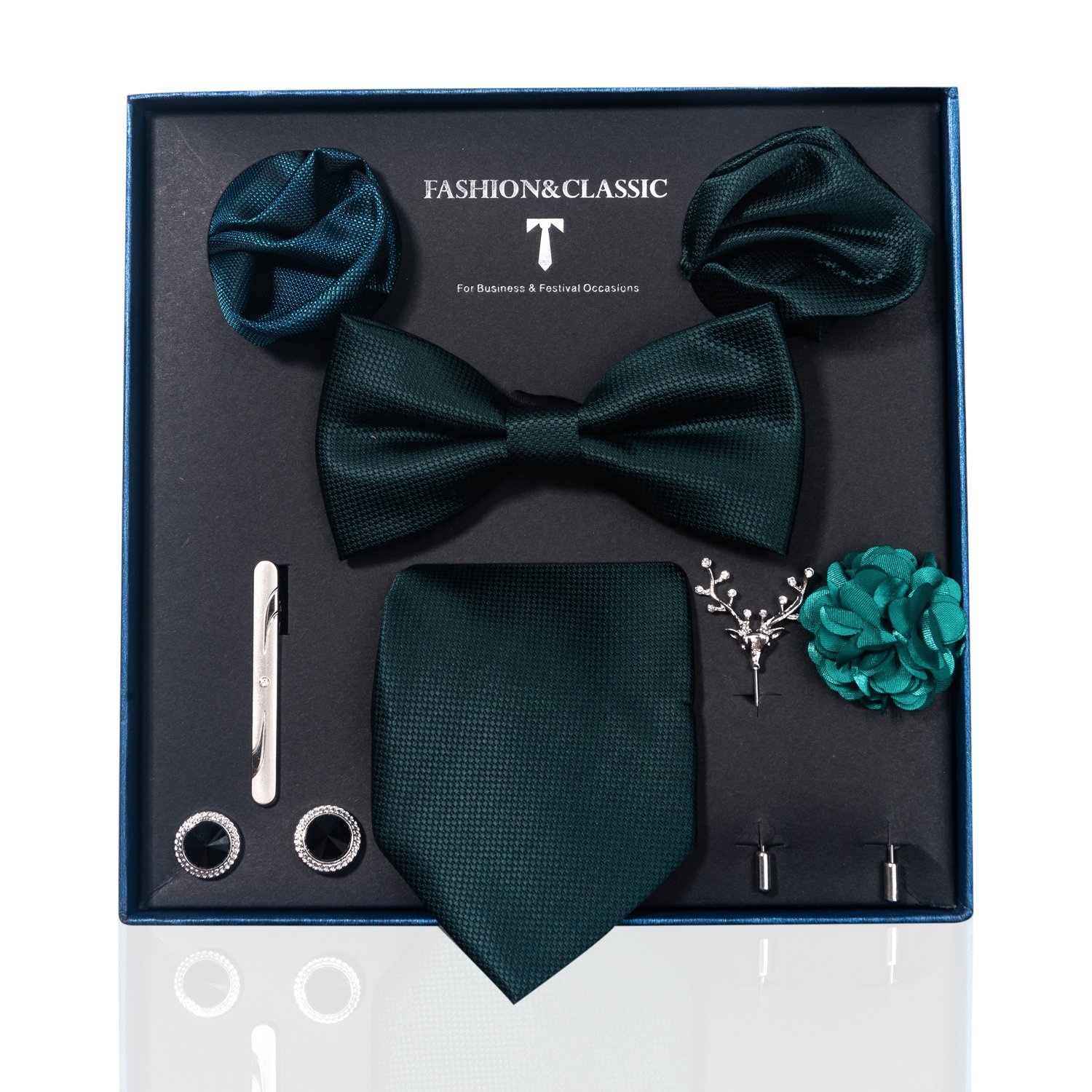 Brand Fashion Ties Hanky Cufflinks Bowtie Sets 8 cm Necktie For Men Green Floral Fit Formal Party Holiday Gift Box
