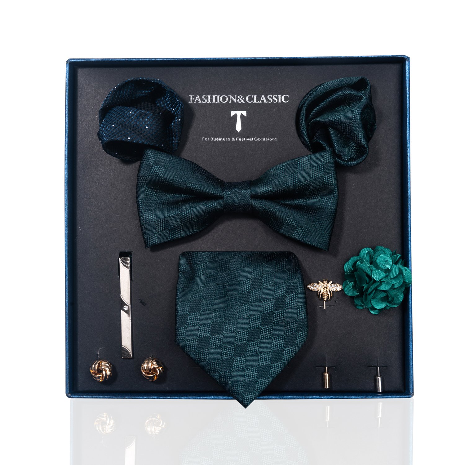 Brand Fashion Ties Hanky Cufflinks Bowtie Sets 8 cm Necktie For Men Green Floral Fit Formal Party Holiday Gift Box