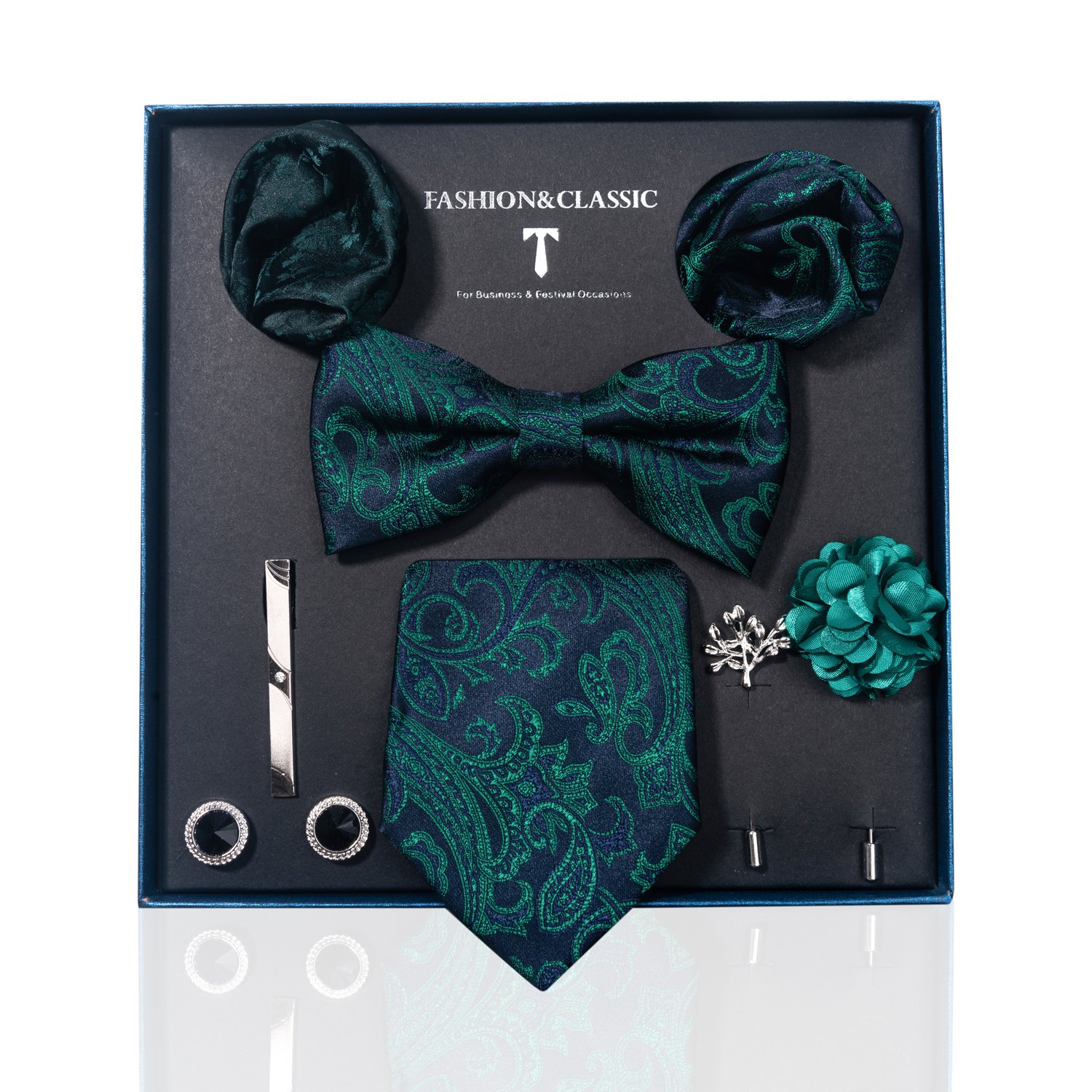 Brand Fashion Ties Hanky Cufflinks Bowtie Sets 8 cm Necktie For Men Green Floral Fit Formal Party Holiday Gift Box