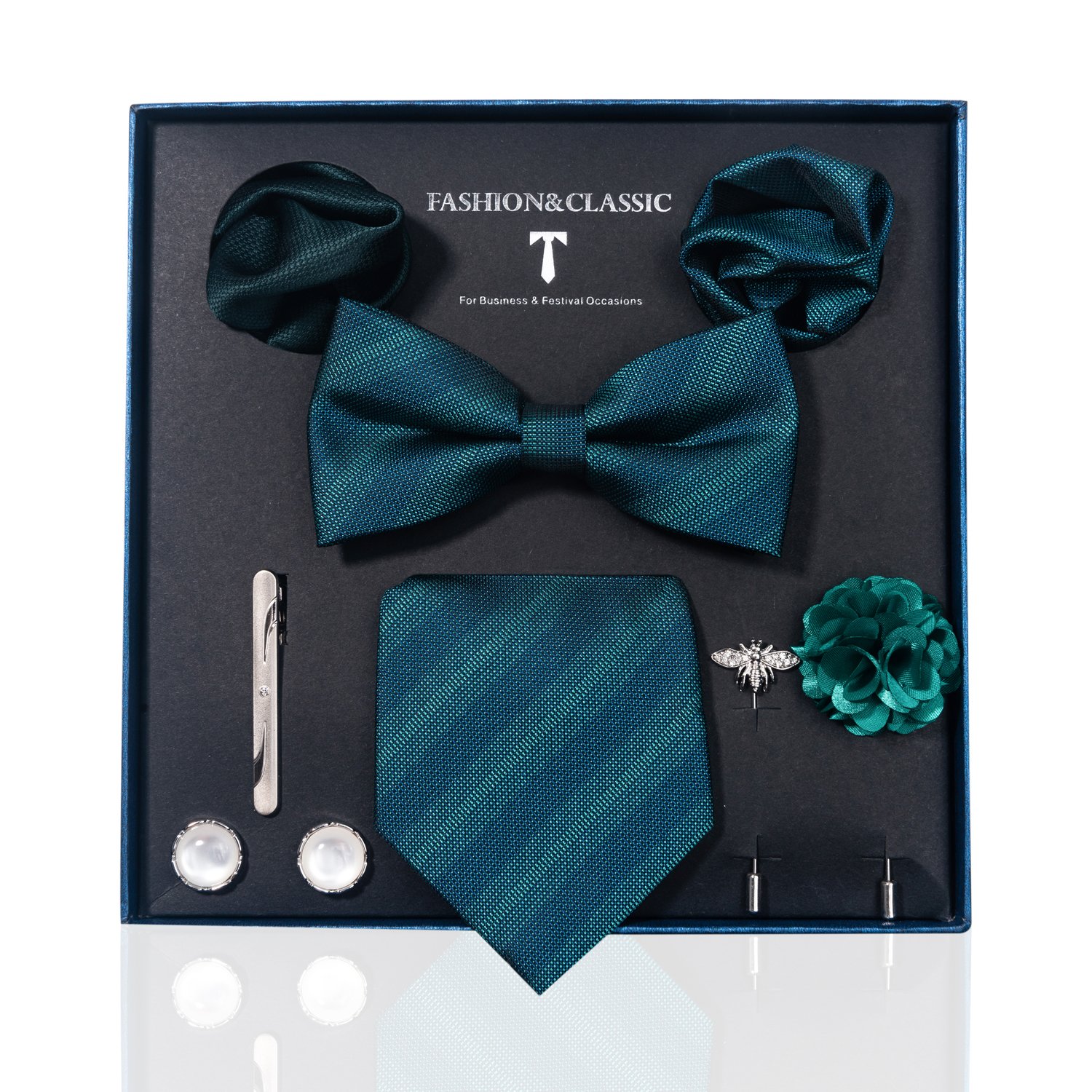 Brand Fashion Ties Hanky Cufflinks Bowtie Sets 8 cm Necktie For Men Green Floral Fit Formal Party Holiday Gift Box