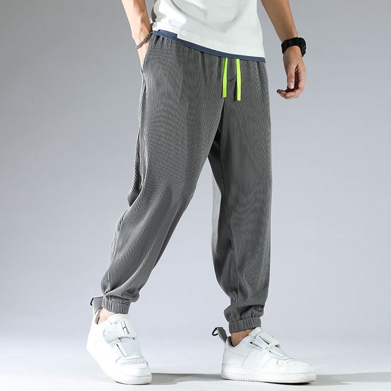 Ice silk casual pants for men with closed cuffs and leg ties, breathable, elastic, loose fit, sports pants, trendy brand