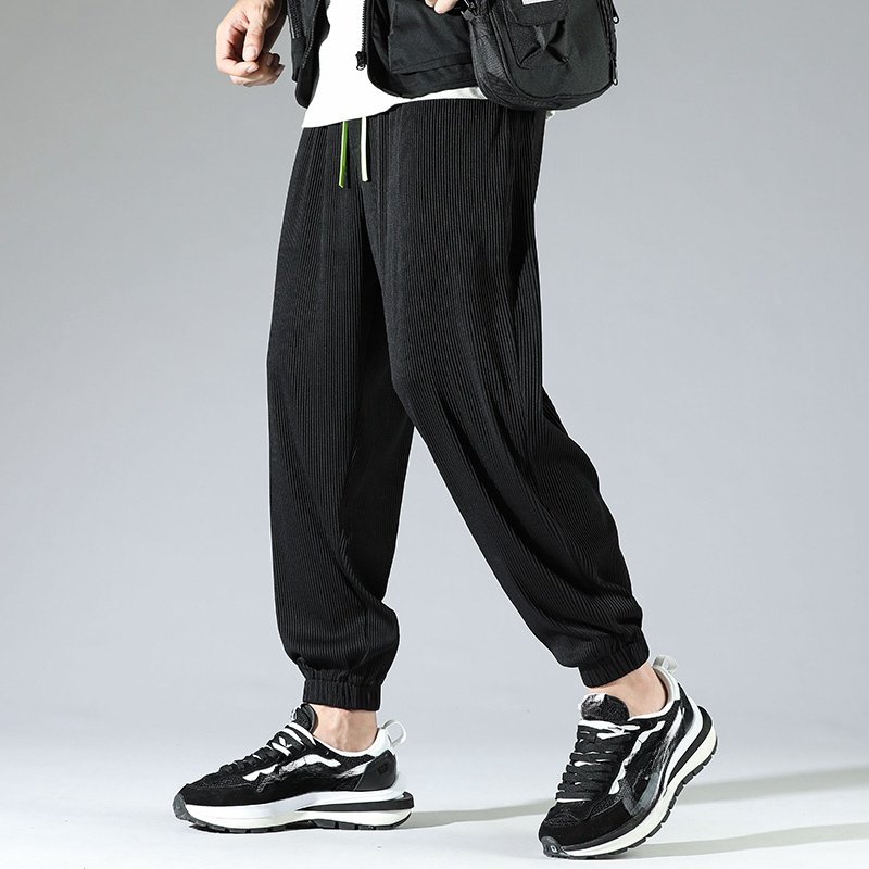 Ice silk casual pants for men with closed cuffs and leg ties, breathable, elastic, loose fit, sports pants, trendy brand