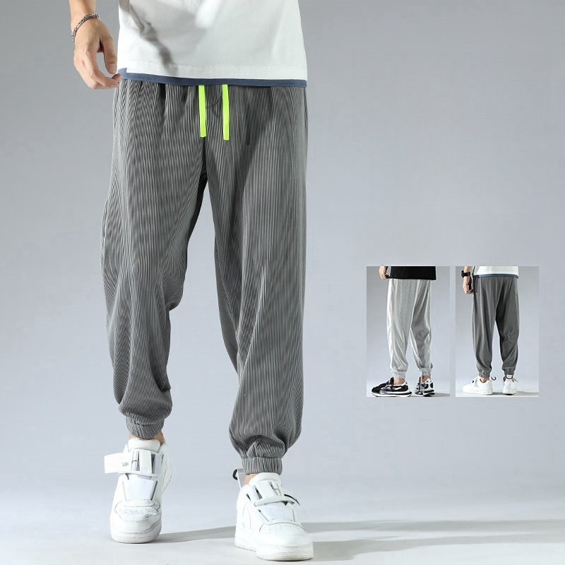 Ice silk casual pants for men with closed cuffs and leg ties, breathable, elastic, loose fit, sports pants, trendy brand