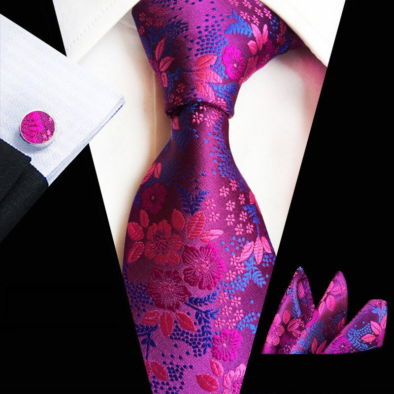Floral Pattern Silk 8cm Necktie Set Colorful Necktie Pocket Square with Cufflinks Set for Party Business Emerald Ties Gift
