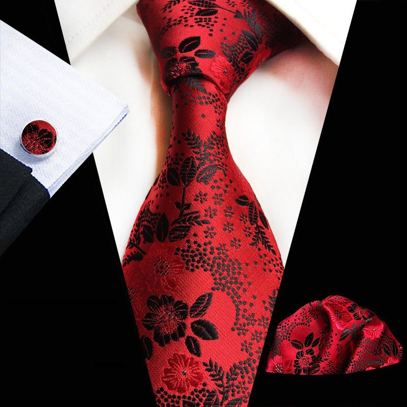 Floral Pattern Silk 8cm Necktie Set Colorful Necktie Pocket Square with Cufflinks Set for Party Business Emerald Ties Gift