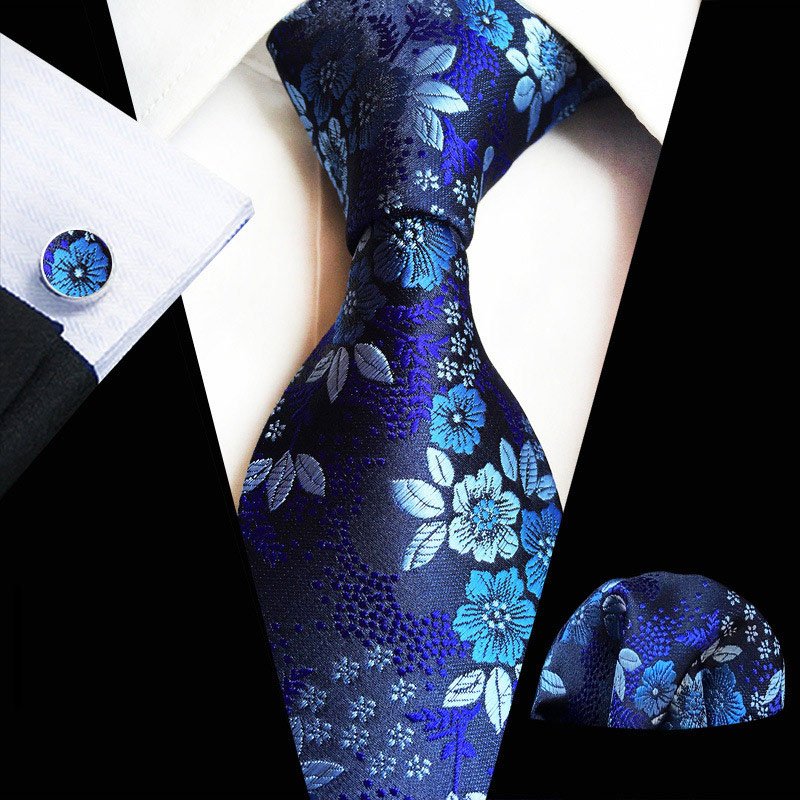 Floral Pattern Silk 8cm Necktie Set Colorful Necktie Pocket Square with Cufflinks Set for Party Business Emerald Ties Gift