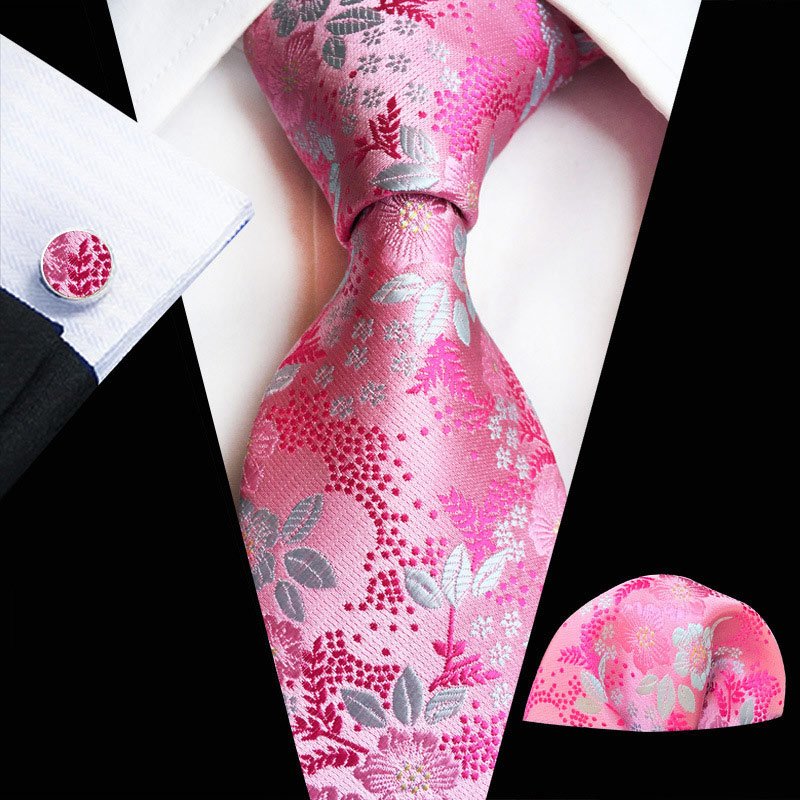 Floral Pattern Silk 8cm Necktie Set Colorful Necktie Pocket Square with Cufflinks Set for Party Business Emerald Ties Gift