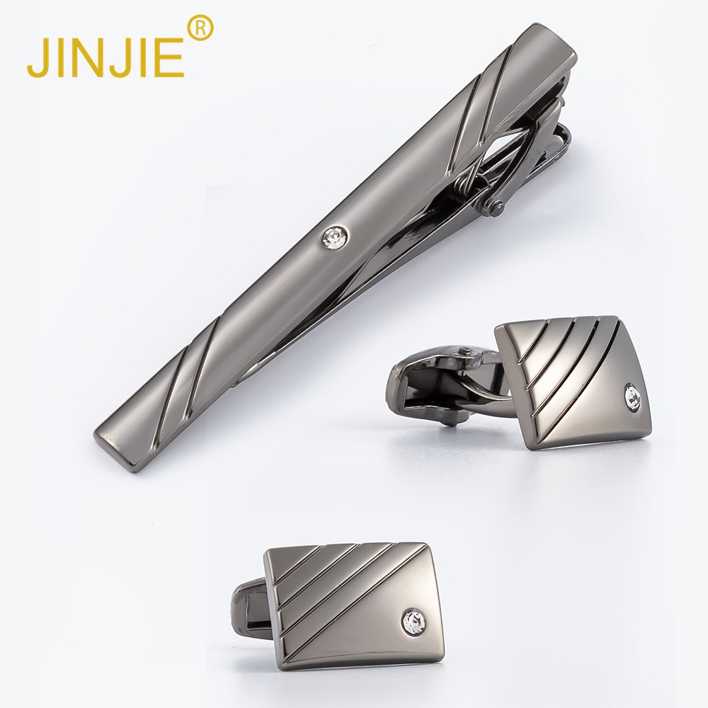 JINJIE fashion luxury black metal striped diamond cufflink tie clip set wholesale