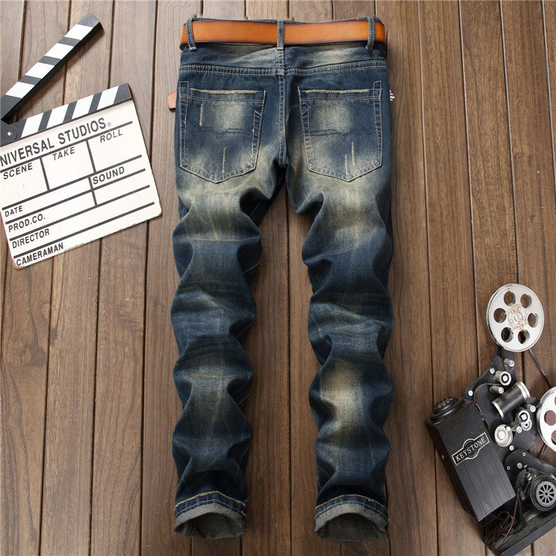 JeanSIng Custom Logo Embroidery Design Distressed Light Wash Straight Style Men's Vintage Jeans with Back Pocket Embroidery