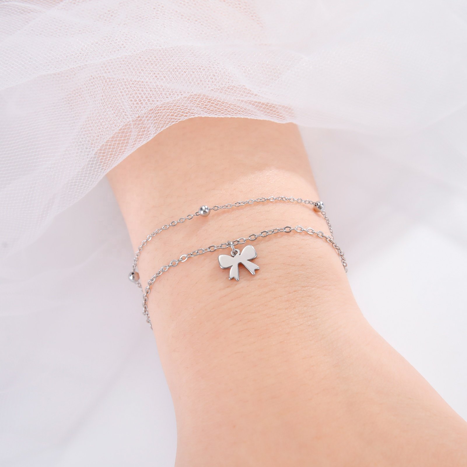 Bow Knot Charm Bracelet Double Layer Beads Chain Bracelets Minimalist Bow-tie Stainless Steel Jewelry Gift For Women