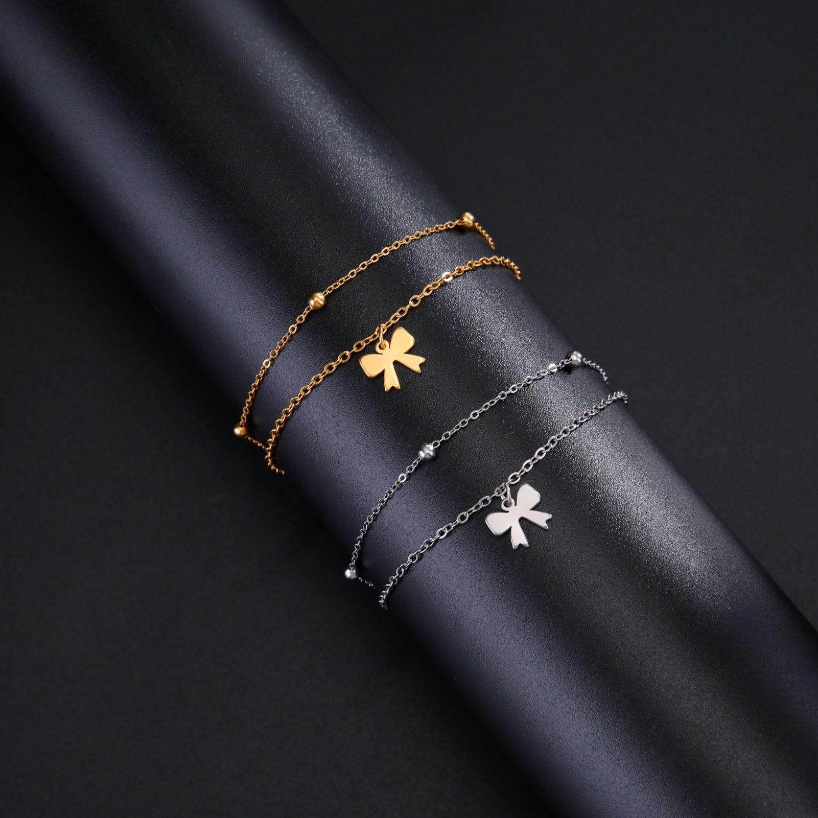 Bow Knot Charm Bracelet Double Layer Beads Chain Bracelets Minimalist Bow-tie Stainless Steel Jewelry Gift For Women