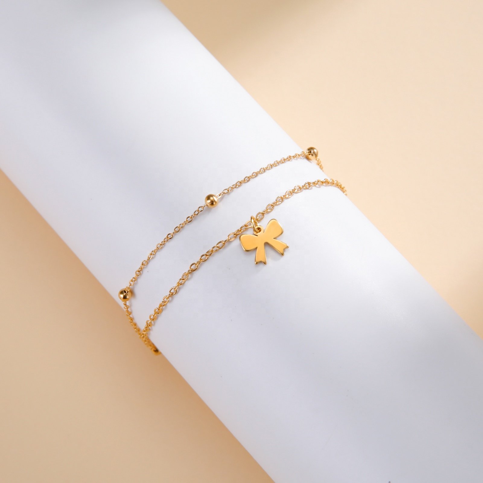 Bow Knot Charm Bracelet Double Layer Beads Chain Bracelets Minimalist Bow-tie Stainless Steel Jewelry Gift For Women
