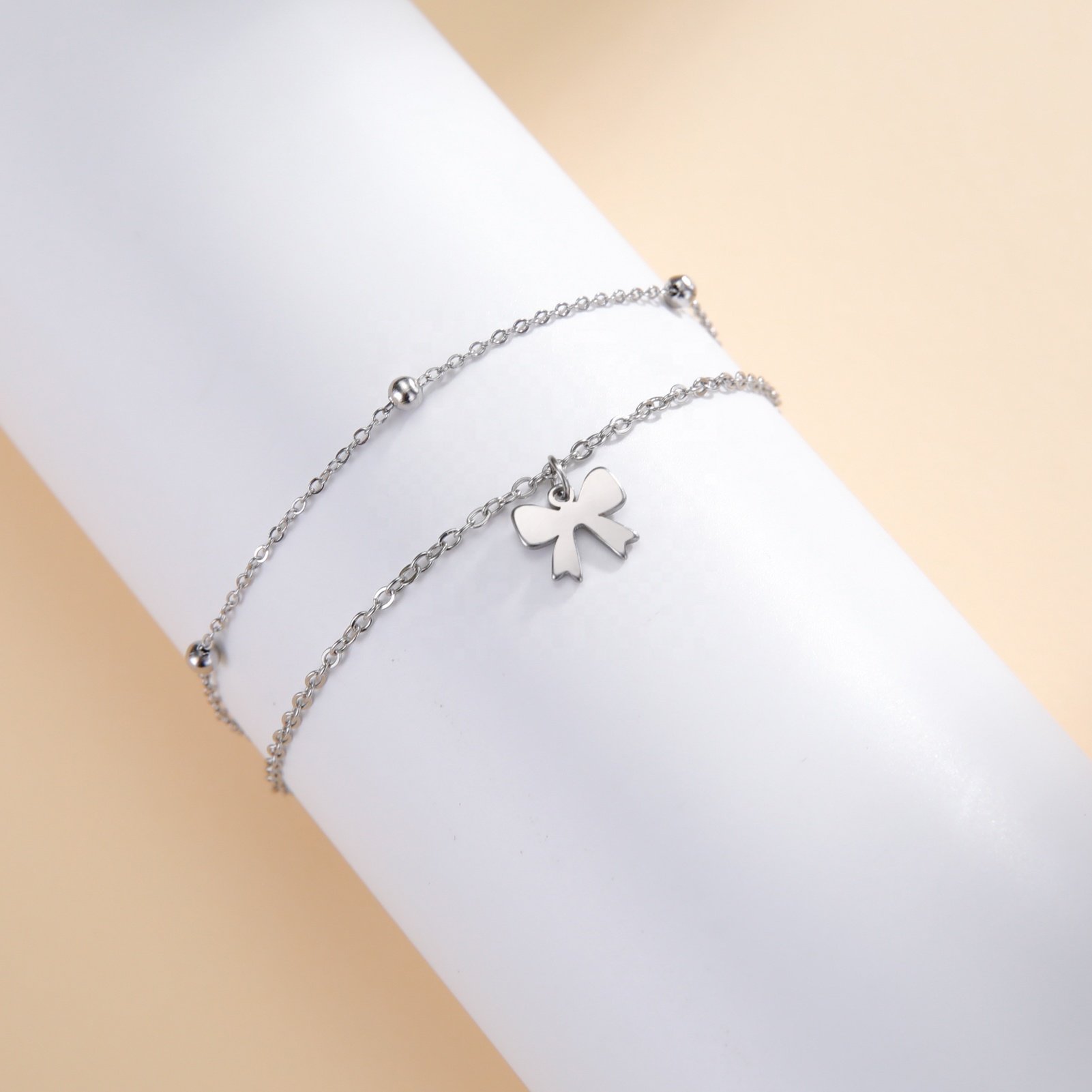 Bow Knot Charm Bracelet Double Layer Beads Chain Bracelets Minimalist Bow-tie Stainless Steel Jewelry Gift For Women