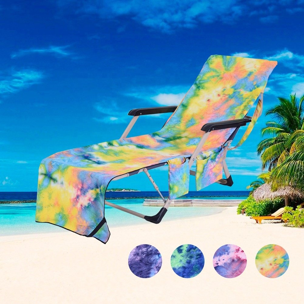 Tie-Dye Beach Chair Cover Towel Pool Sunbathing Garden Beach Microfiber Chaise Lounge Towel Cover with Storage Pockets