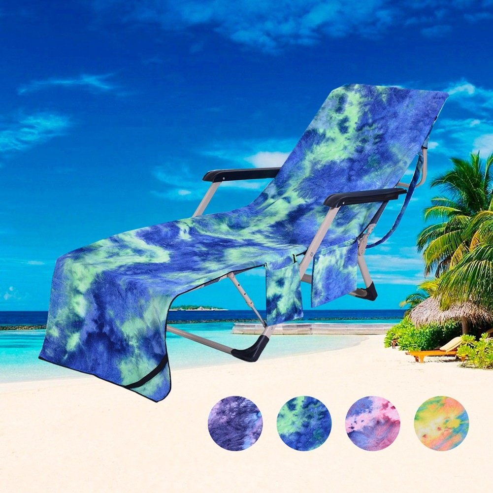 Tie-Dye Beach Chair Cover Towel Pool Sunbathing Garden Beach Microfiber Chaise Lounge Towel Cover with Storage Pockets