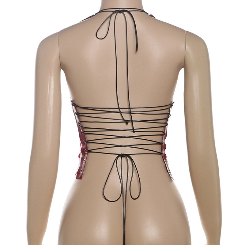 Summer Fashion Color Block Wholesale Halter Tie Up Backless Crop Tank Top Corset Top Tank Vest Street Active Women's Crop Top