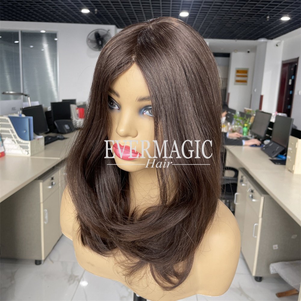 stock dark brown silk top medical wig with anti slip strip for alopecia realistic hand tied glueless wigs for female hair loss