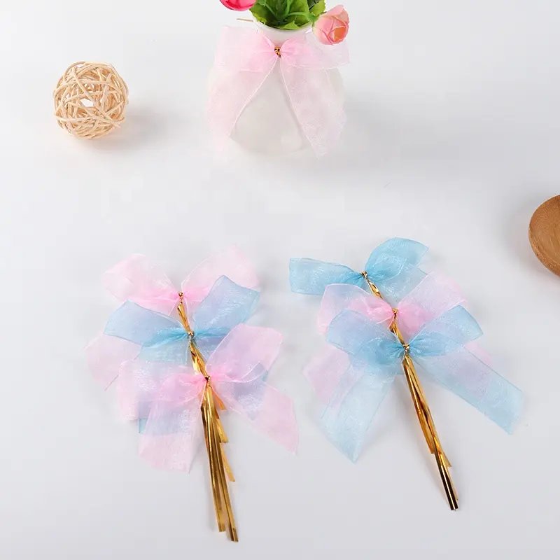 Factory Direct Customized Wire Mesh Ribbon Bow Wholesale Pre tied Ribbon Bows Organza with Gold Twist Tie