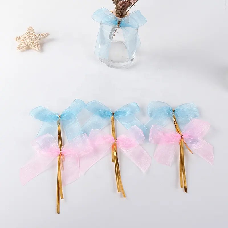 Factory Direct Customized Wire Mesh Ribbon Bow Wholesale Pre tied Ribbon Bows Organza with Gold Twist Tie