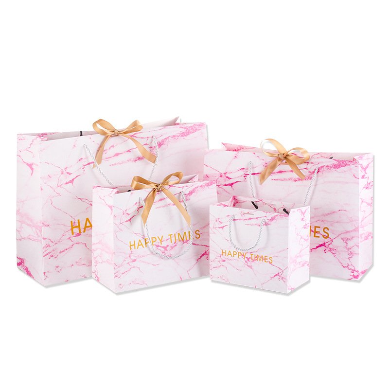 custom logo pink marble shopping bag with bow ribbon wedding favor gift paper bags manufacturers for guest