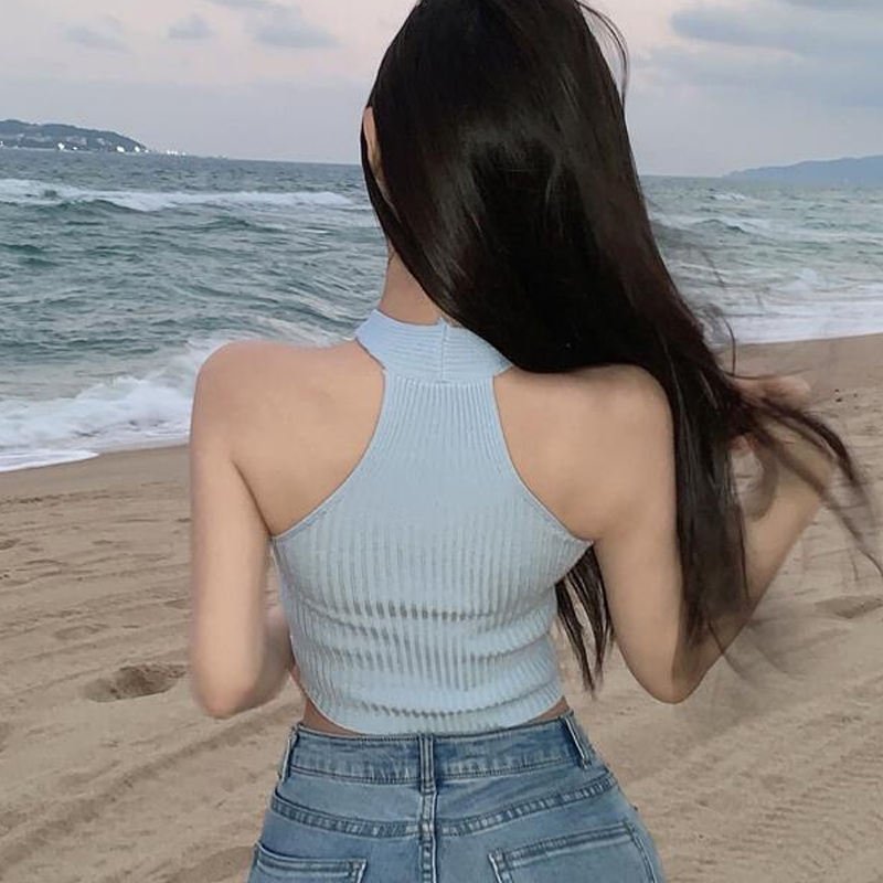 New Fashion Women Halter Knit Tops Female Knitted Off Shoulder Crop Tops Cross Strappy Custom Sexy Tank Tops