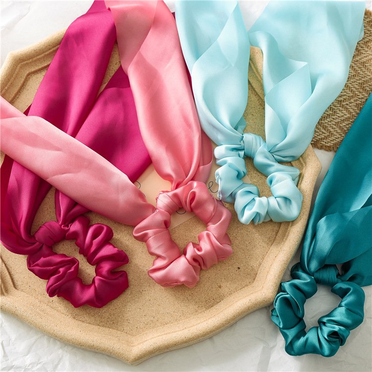 Colorful Solid Satin Long Ribbon Knotted Hair Bows Scrunchies Hair Ties Elastics Rubber Hairbands Bubbles Rings Accessories