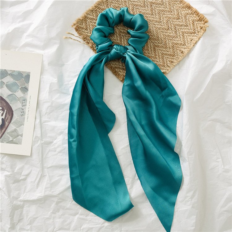 Colorful Solid Satin Long Ribbon Knotted Hair Bows Scrunchies Hair Ties Elastics Rubber Hairbands Bubbles Rings Accessories