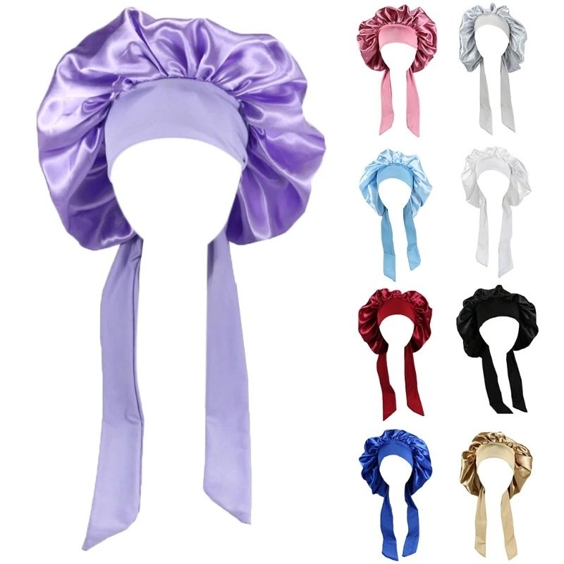 Custom Logo Woman Extra Large Satin Hair Bonnet With Wraps Sleeping Bonnets With Belt Band Tails Silk Tie Bonnet For Curly Hair