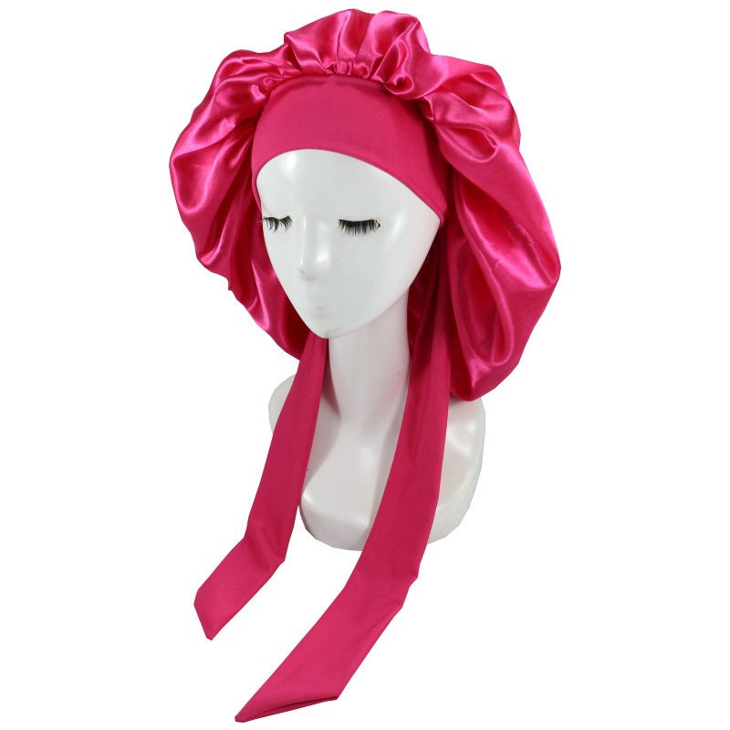 Custom Logo Woman Extra Large Satin Hair Bonnet With Wraps Sleeping Bonnets With Belt Band Tails Silk Tie Bonnet For Curly Hair