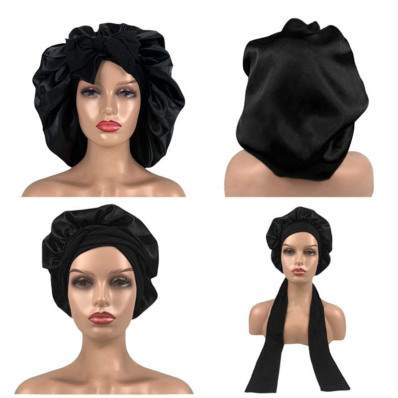 Custom Logo Woman Extra Large Satin Hair Bonnet With Wraps Sleeping Bonnets With Belt Band Tails Silk Tie Bonnet For Curly Hair